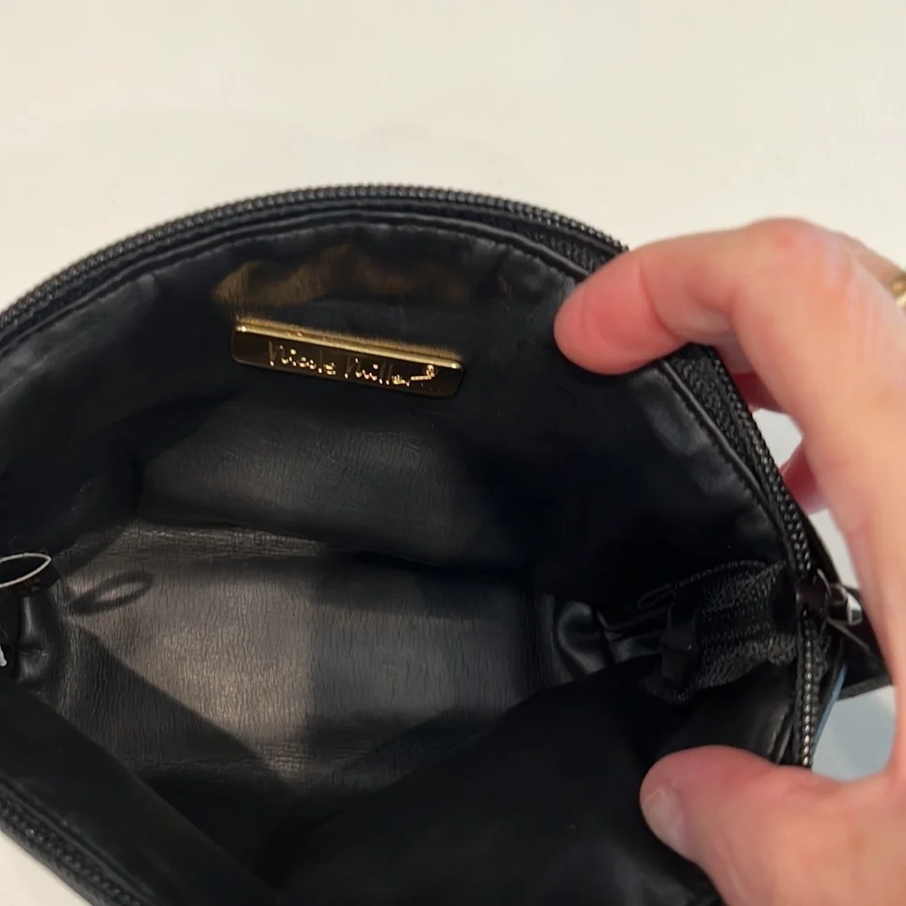 VTG 1994 Nicole Miller Silk Cosmetic Pouch Leather Trim Christmas Ski Travel